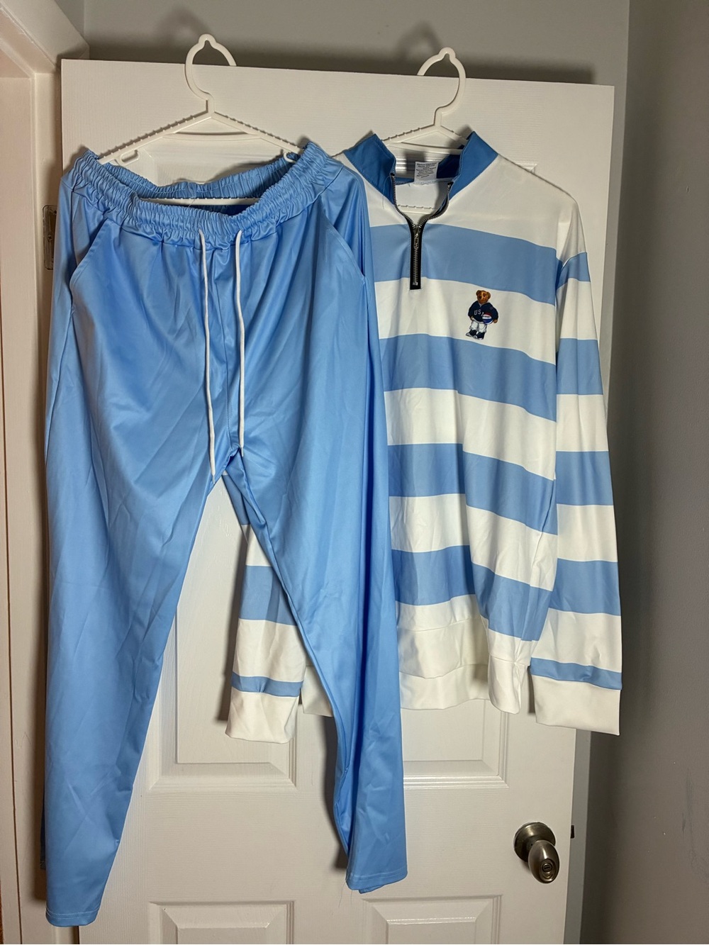 Light Blue & White Striped Kids Pajama Set with Quarter-Zip Top